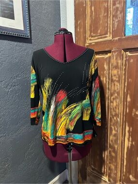 Valentina Black Yellow Red and Green Elbow Length Sleeve Blouse